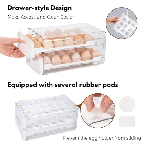 36-Egg Holder for Refrigerator, 2-Tier Stackable Egg Dispenser, Orange | 36-egg double-layer refrigerator organizer with smooth sliding drawers, clear PET body, and anti-slip silicone pads. - color: Orange