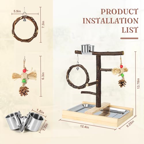 Bird Playground,Natural Wooden Parrot Play Stand with Swing,Chew Toys,Feeding Cups,Bird Perch Suitable for Small and Medium Birds Like Parakeets, Budgerigars,Cockatiels