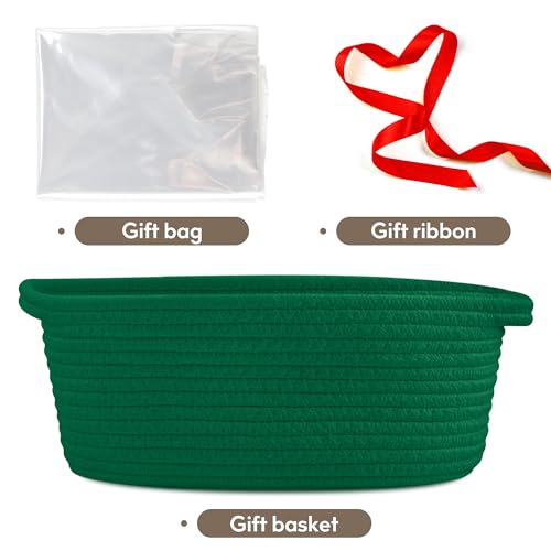 Pro Goleem Small Woven Basket with Gift Bags and Ribbons Durable Baskets for Gifts Empty Small Rope Basket for Storage 12"X 8" X 5" Baby Toy Baskets with Handles, Green - color: green