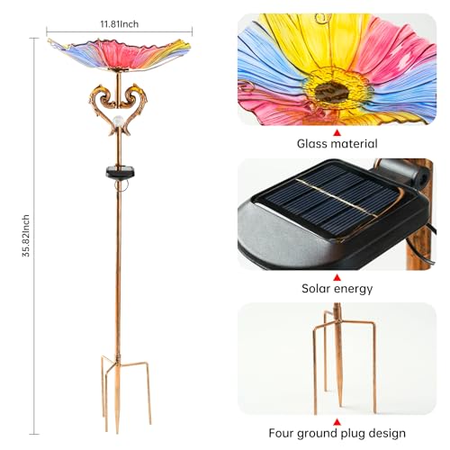 Garden Decor Gifts Solar Glass Blue Bird Bath Yard Art Garden Outdoor Birdbath with Metal Stake with White LED Light Metal Stake Garden for Women - color: Multicolor