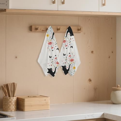 2 Pcs Flower Cat Kitchen Towels Decorative Hand Towels | Absorbent Soft Microfiber Towels for Bathroom, Home, Cat Lover Housewarming Gifts for Women, Mom, Dish Cloths - color: Multi 1223