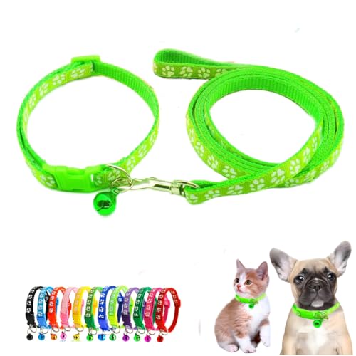 Puppy Dog Collar Leash Set with Bell, Cat Kitten Collar Bright Green XXS | Paw Print Reflective Dog Collar Leash Set with Bell, Basic Nylon Boy Girls Pet Collar Adjustable For XXS XS S Tiny Puppies - color: bright green