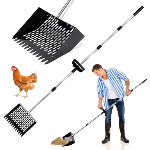 Rypet Chicken Poop Scooper & Rake 2-in-1, 36-74 in Stainless Steel Handle | 10-Inch Sifting Scoop, Sifting Holes with Side Rims, Long Handle Helps Reduce Bending, Rinses Clean, Wall Clip Storage