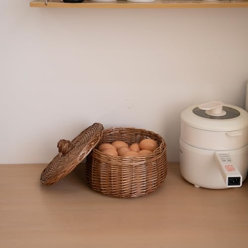 Handwoven Round Wicker Egg Basket with Lid for Kitchen & Fruit | Small Round Rustic Storage for Countertop, Pantry, Farmhouse & Bedside Table Use