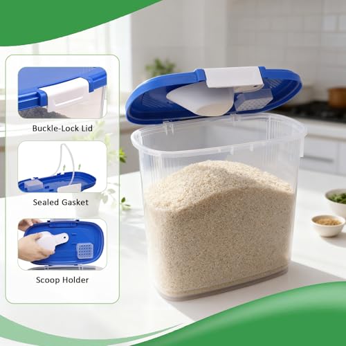 Large Rice Storage Container 15-20 Lbs, Tall Flour Container Dry Food Bin | Slim Food Container with Scoop, Cup for Cereal, Sugar, Beans, Pet Dog Cat Food, Kitchen and Pantry Storage Organization - color: Sapphire Blue