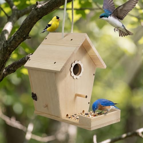 Bird House for Outside Hanging, Wooden Bird Houses for Outdoors with Feeding Tray, Bird Nesting Box for Garden Patio Tree Fence, Easy Clean Birdhouse with Hanging Rope for Small Wild Birds