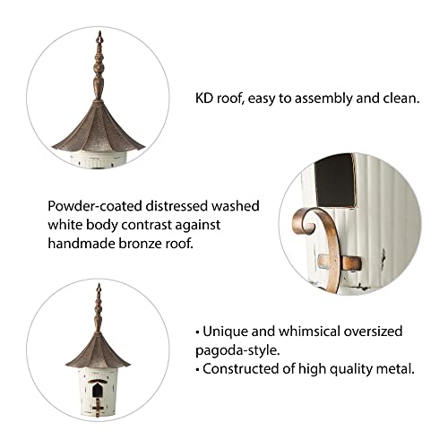 Glitzhome 29.75”H Metal Hanging Birdhouse for Outdoors Oversized Farmhouse Pagoda Painted Bird House with Bronze Roof for Bluebird Wren Chickadee Sparrow Bird Nest Box for Garden Patio, Washed White - color: Washed White
