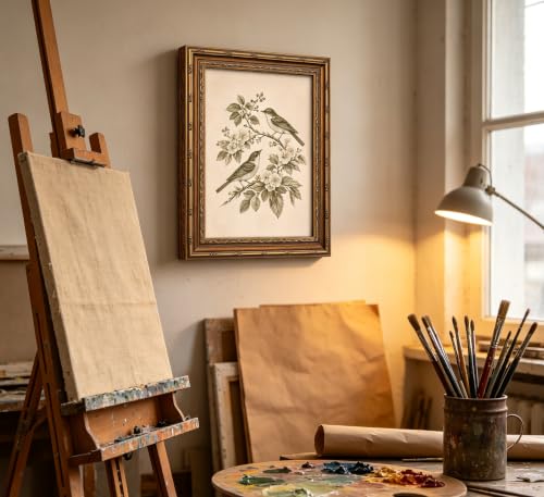 Vintage Gold Framed Bird Wall Art, Birds on Floral Branch Canvas Print, Antique Neutral Cottagecore Wall Decor, Retro Sepia Sketch Wildlife Botanical Poster Artwork for Bedroom Living Room - color: Bird-2, size: 11"L x 9"W