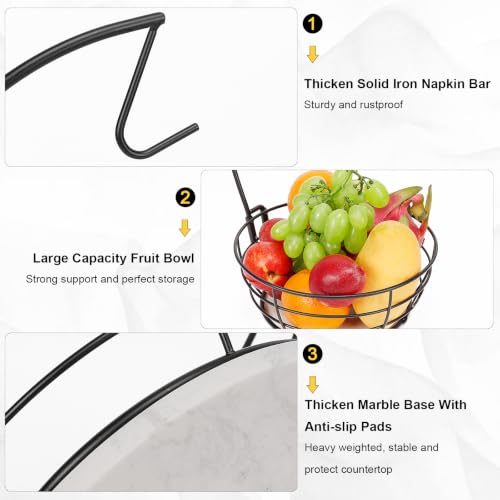 Livabber Countertop Fruit Basket Bowl with Banana Hanger, Modern Standing Fruit Vegetable Bowl Storage, with Banana Tree Holder for Kitchen Dinning Table (Round Marble, Black) - color: Black, style: Round Marble