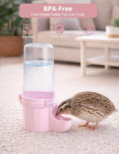 Quail Chick Waterer with Anti-Drowning Shallow Tray, 16.6 fl oz Automatic Gravity Button Quail Waterer, Hanging or Free-Standing Bird Water Dispenser for Wire Mesh Cages and Brooders (Pink) - color: Pink