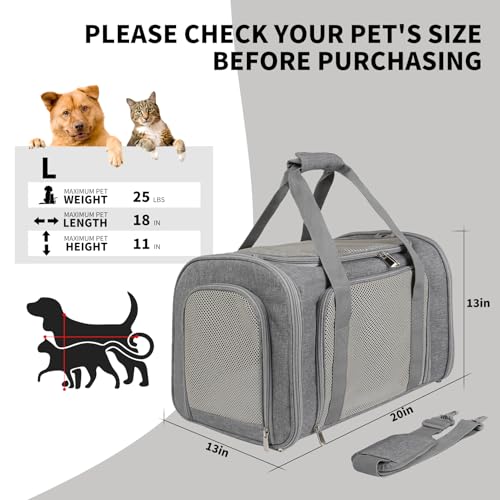 Cat Carrier, Soft-Sided Airline Approved Pet Carrier Case with 4 Ventilated Windows for Cats and Dogs Under 10-25Lbs (17.0 L x 11.0 W x 11.0 H Inch, Grey) - color: grey, size: 17.0"L x 11.0"W x 11.0"H