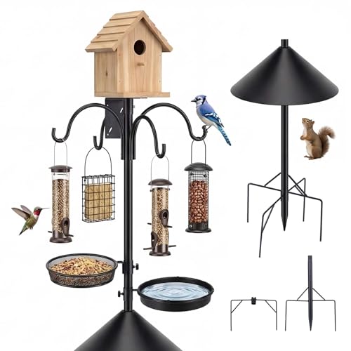 4 in 1 92 Inch Bird Feeder Pole with Squirrel Baffle | With Bath, Food Tray, 4 Hooks and Holds Cage, Metal, For Outdoors, Heavy Duty, Weatherproof