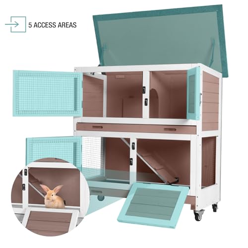 2-Tier Rabbit Hutch Indoor Bunny Cage with Wheels for Small Animals | House Guinea Pig Cage with Sliding Plastic Trays Wheels for Easy Cleaning Ventilation Design, 36 Inch Small Animal Home - color: Beige