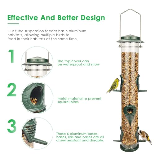 1PK Metal Wild Bird Feeder,Squirrel Proof Bird Feeders for Outside,Hanging 6 Port Tube Bird Feeder Transparent Finch Bird Feeder for Attracting Birds in Your Lawn, Garden, Balcony-Green - color: Green