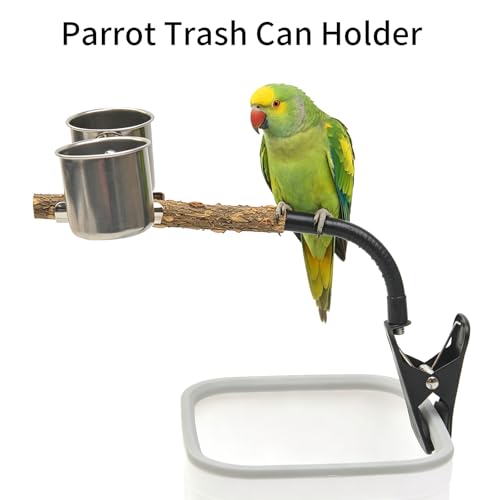 Bird Potty Training Stand with Trash Can Clip, Natural Wood Parrot Perch with 2 Stainless Steel Bowls for Cockatiels, Conures, Budgies, Lovebirds,4248-1