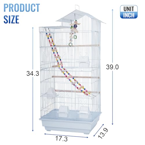 FDW 39 Inch Bird Cage Parakeet Cage with Play Top Rolling Stand & Easy Clean Pull-Out Tray Roof Top Parrot Cage for for Finches Canaries Parakeets Cockatiels & Other Small Birds, White - color: White