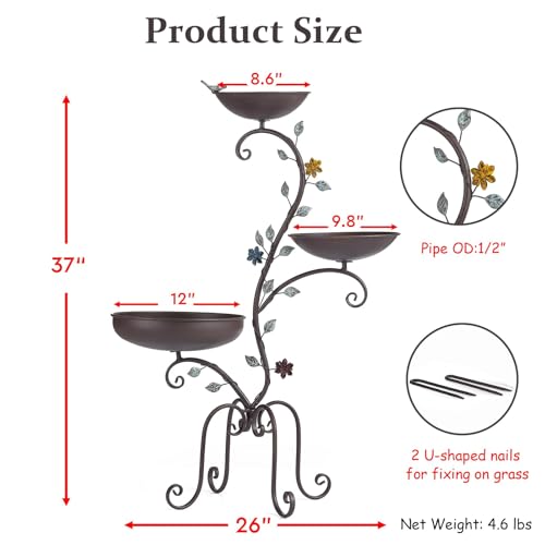 37" H Bird Bath Feeder and Planter for Outdoors Metal 3-in-1 | Birdbaths Stand Vintage Pedestal Bird Bowl for Outside Garden Yard Patio Lawn Decor