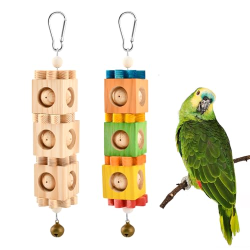 2 Pcs Wooden Bird Chew Toys for Beak Grinding, Hanging Parrot Rotating Wood Block with Bell Parrot Foraging Enrichment Toy for Parakeet, Cockatiel, Conure