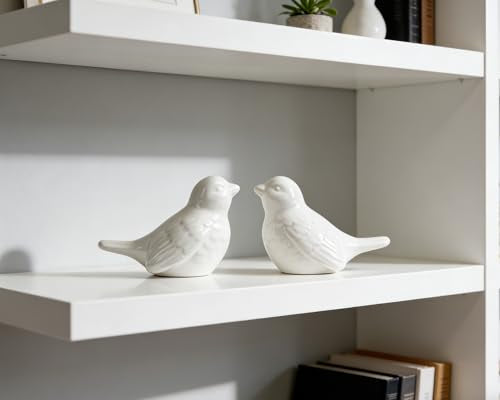 Set of 2 Ceramic White Bird Figurines, 3.75 Inch Modern Bird Statues Home Decor, Cute Small Knick Knacks for Shelf, Office, Living Room, Bathroom, Kitchen, Housewarming Gift - color: White