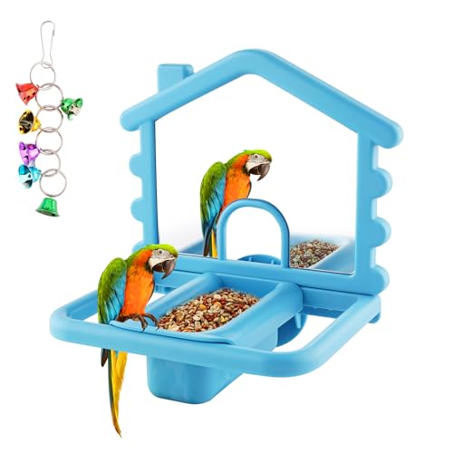3 in 1 Bird Mirror with Perch Stand,Parrot Mirror for Cage,Bird Swing Toys for Cockatiels,Lovebirds,Conures,Parakeets-Helps Birds Release Stress (Blue) - color: Blue