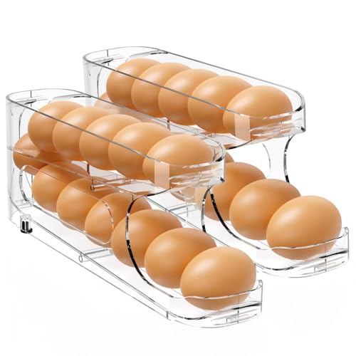 Egg Holder for Fridge, 2 Pack, FIFO Egg Roller for Eggs 24 Count | Auto Rolling Egg Storage Organizer for Refrigerator, Clear Space Saving Container, Dispenser - size: 2 Packs