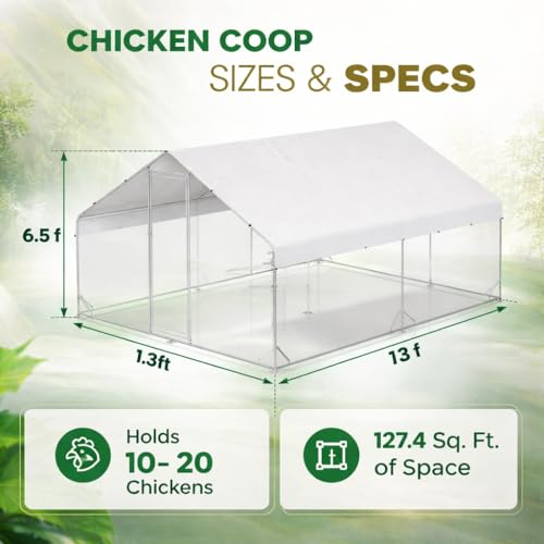 Metal Chicken Coop with Hardware Cloth, Walk-in Poultry Cage for Hen Duck | Hardware Cloth, Solar Light Included, UV-Resistant Waterproof Cover, Large Walk-in Space for 15-20 Birds - size: 156.2"L x 118.4"W x 78.0"H