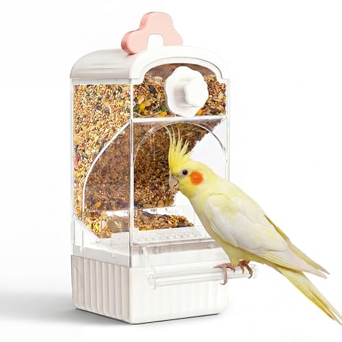 Bucatstate No Mess Bird Feeder, Auto Dispenser, Dual Filter & Waste Drawer | External Hanging, Fits 4.7"x3.3" Side Opening, for Parakeet Cockatiel Budgie Canary,for Square Cages