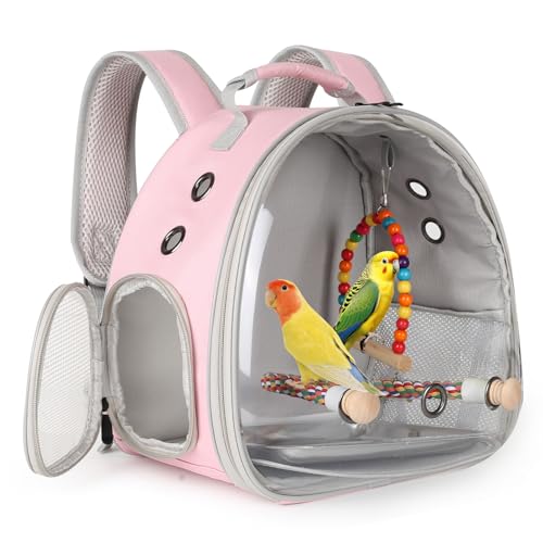 Portable Parrot Travel Cage Carrier with Small Swing Toy&Cage Colorful Toys Set Small Bird Parakeet Bag with Standing Perch Bird Carry Transport Bag (Pink, Backpack/Swing) - color: Pink, size: Backpack/swing