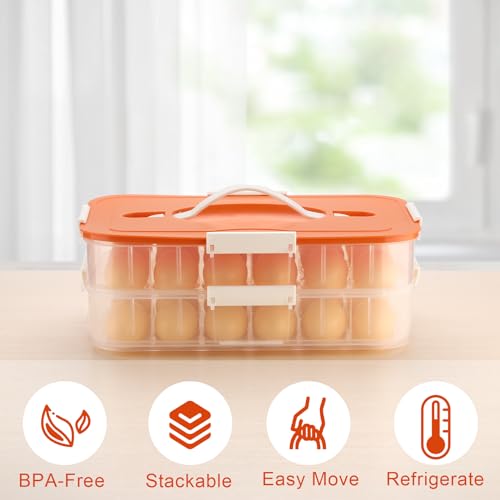 BTSKY Deviled Egg Platter with Lid, 2-Layer 36 Slots Deviled Eggs Carrier, Clear Portable Egg Holder for Fridge Reusable Deviled Eggs Tray Carton Box for Easter and Party Favor (2-Layer, Orange) - color: Orange, size: 2 Layer-Hold 36 Eggs