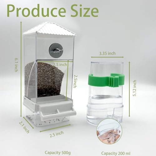 Automatic No Mess Bird Feeder Water Dispenser Set | Acrylic Transparent Parakeet Cage Accessories Bird Feeder and Waterer in Cage for Small and Medium Cockatiel Finche Lovebird - color: White + Green