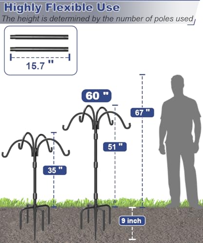 Upgrade 4-Hook Shepherd Hooks for Outdoor with Plastic Tube, 60" Heavy Duty Bird Feeder Pole with 5 Prongs Base, Adjustable Garden Hook for Solar Light, Hanging Plant, Wedding Decor, 1 Pack