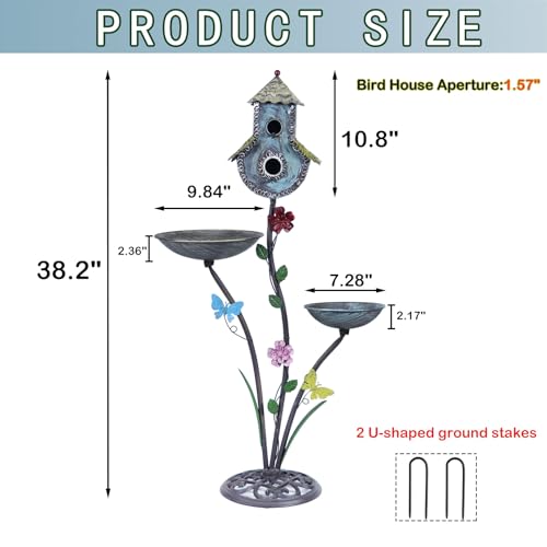 Cast Iron Pedestal Bird Baths for Outdoors，Metal Bird Bath and Bird House | 38" H Bird Bath 3 in 1 Metal Bird Bath Bowl with Bird Houses and Bird Feeder,Garden Yard Decor - color: multicolor-B