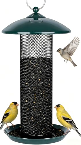Gtongoko Finch Feeders for Outside All Metal Mesh Tube Bird Feeder Green | 2.5 LB Hanging Bird Feeder for Nyjer & Thistle Seed, Weather-Resistant Lid, Easy Refill & Cleaning, Closed Metal Ring - color: Green-0.24”