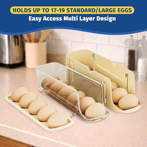 Adjustable Egg Holder for Fridge, Space Saving Egg Organizer Container, Automatic Rolling Egg Dispenser for Refrigerator, Clear Tray for Kitchen Countertop, Home, RV and Dorm Room