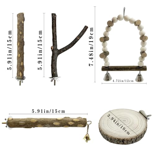 5Pcs Natural Wooden Bird Perch Set – Parrot Perch Toys, Wooden Perch Swing, Cage Accessories for Budgies, Cockatiels, Lovebirds, Finches, and Other Small to Medium Birds (Brown, 5PCS-B) - size: 5PCS-B