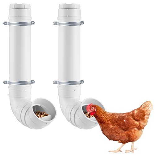 2 Set Automatic Chicken Feeder No Waste - 13 Pounds Large Capacity Heavy Duty PVC Pipe Hanging Chicken Feeder, Poultry Gravity Feed Port for Chicken Long Feeding - color: White-2 set