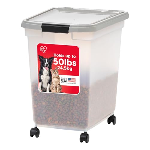 IRIS USA Dog Food Storage Container, Up to 50 lbs, Clear/Gray, Made in USA | Wheels for Mobility, Airtight Seal, BPA-Free, Best for Bird Seed, Cat food, Cat Litter, Chicken Feed, Pellets - color: Gray, size: 50 lbs