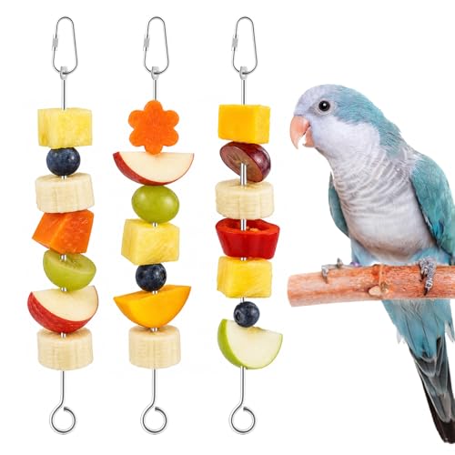 Pawfly 3 Pcs Stainless Steel Parrot Fruit Vegetable Skewer, 10 Inch/26 cm Hanging Bird Cage Food Holder with Hook, Bird Cage Feeder for Vegetable & Fruit, Bird Treat Skewer, Foraging Toy for Parakeets