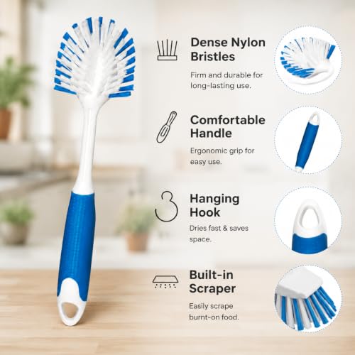 2-Pack Dish Brushes with Scraper, Durable Nylon Bristles Kitchen Scrub Brush, Dish Scrubber with Handle for Pans, Sink, Bathroom | Durable Bristles, Kitchen Scrub Brush, Dish Scrubber with Handle for Pans, Sink, Glasses