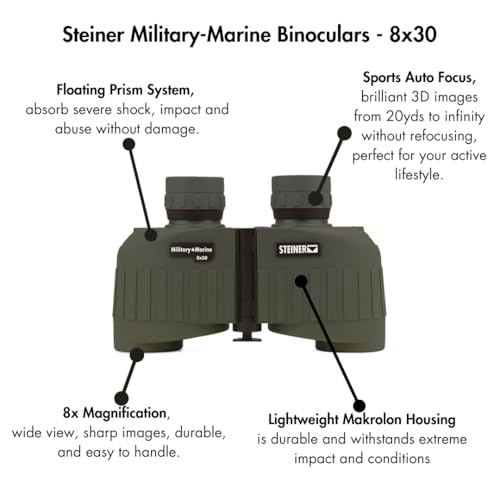 Steiner Military-Marine 8x30 Binoculars – Professional Grade High-Contrast Optics with Sports-Auto-Focus, Floating Prism Shock Absorption, and Heritage Warranty | Sports-Auto-Focus, floating Prism Shock Absorption, heritage Warranty, professional Grade Hi