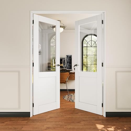 36x80 Interior French Door,Half Clear Glass Doors,Living Room Doors Prehung | Matte Black Hardware-Privacy Door Lever with Lock, Latch&Hinges, Solid Core,Tempered Glass,No PreDrill,Jamb Assembly Required - color: Half Lite, Black Hinges, size: 36x80 for 3