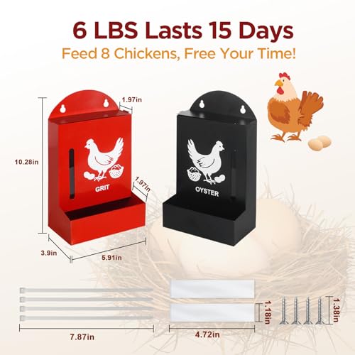 2 Pack Chicken Grit and Oyster Shell Feeder, Metal Oyster Shell Feeder with Visual Window and Lid, Hanging Gravity Chicken Grit Feeder, Chicken Coop Accessories for Healthier Hens and Eggs