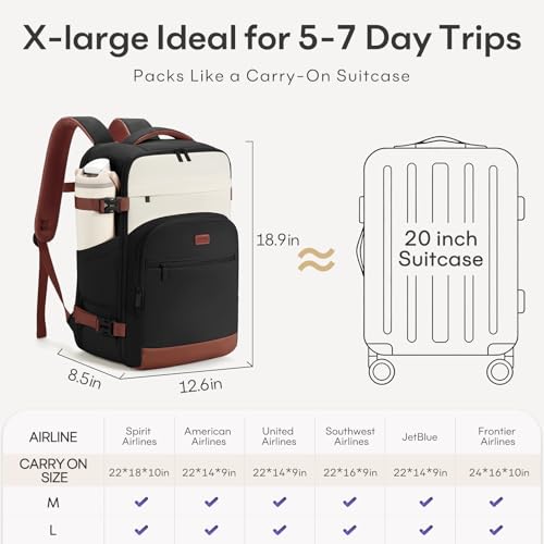 40L Travel Backpack for Women & Men: Flight Approved Carry On Backpack, TSA Personal Item Bag with Water Bottle Pocket, Weekender Essentials Backpacks fits 17" Laptop - Black White Brown - color: Black White Brown, size: X-Large