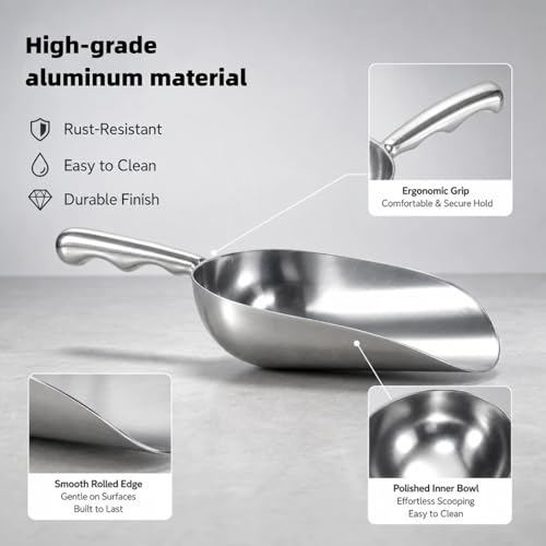 Cast Aluminum 38oz Utility Scoop, Round Bottom Multi-Purpose Ice Scooper with Finger Groove Handle,Food Grade Solid Conical Scoop for Ice Maker Flour Cereal Popcorn Pet Food - size: 38oz