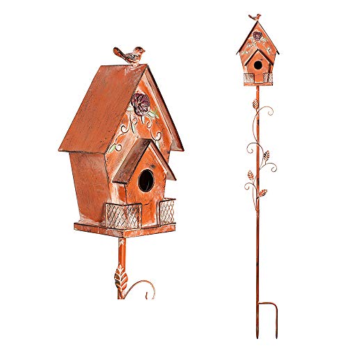 Dutch Cottage Bird House Stakes for Outside with Pole, Distressed Metal Birdhouse Stand for Outdoor Garden Decor(58") - style: Dutch Cottage
