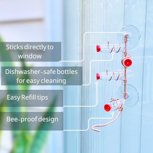 Window Hummingbird Feeder | Handcrafted Copper and Aluminum | Multiple Stations | Modern Hummingbird Feeder | Glass Bottles | Suction Cups (Copper, Four Station) - size: Four Station - Standard Perch