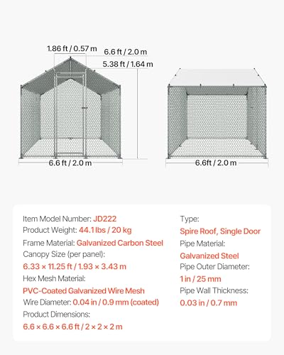 VEVOR Metal Chicken Coop, 6.56x6.56x6.56ft Large Walk-in Chicken Runs with Cover, Spire Roof Hen House Enclosure with Security Lock, Outdoor Duck Rabbit Cage Poultry Pen for Backyard, Farm, Yard - size: 78.7"L x 78.7"W x 78.7"H