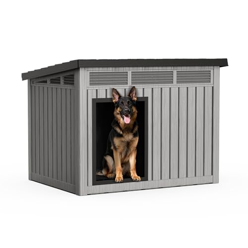 Outdoor Dog House Waterproof,Indoor Outdoor Doghouse for Small to Large Dogs,Dog Kennel with Air Vents and Elevated Floor,Easy to Assemble and Clean(Grey 42.87 * 32.95 * 31.61inch) - style: Grey