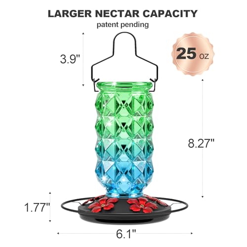2 Pack Glass Hummingbird Feeders for Outdoors, 25 Ounces Wild Bird Nectar Feeder with Perch & 5 Flower Feeding Ports Leak Proof Hanging for Garden Backyard Decor, Gifts for Women Mom, Red & GreenBlue - color: 2 Pack Diamond Sparkling Red & GreenBlue