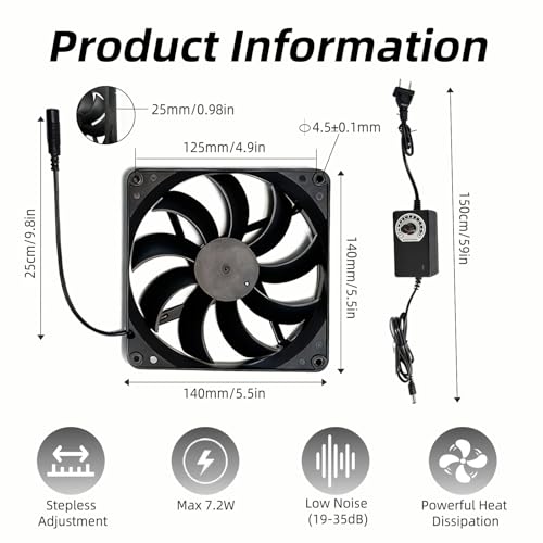 2 Pack 140mm×25mm DIY Variable Speed Cooling Fan with 110V-240V AC Plug Power Adapter - Quiet 20-35dB Fans for Biltong Box Reptile Aquarium DVR PlayStation Xbox Cabinet Ventilation